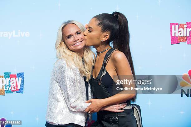 Actress Kristin Chenoweth and singer/actress Ariana Grande attend the press junket for NBC's 'Hairspray Live!' at NBC Universal Lot on November 16,...