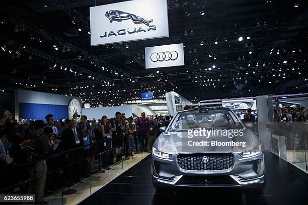 The Jaguar Land Rover Automotive Plc I-Pace Electric Concept luxury sport utility vehicle is displayed during Automobility LA ahead of the Los...