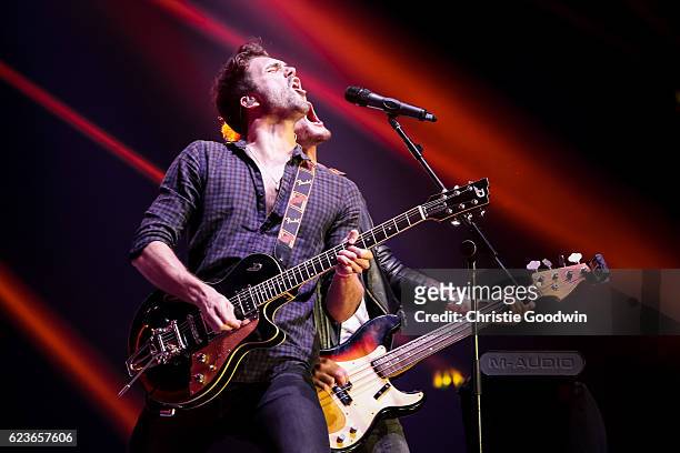 Andy Brown and Joel Peet of Lawson perform on stage as part of the Rays of Sunshine charity concert at Wembley Arena on 24 October 2016 in London,...