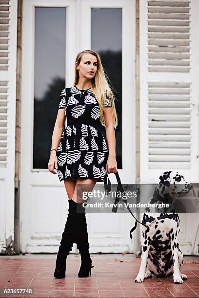 blonde girl posing with her dalmatian - dalmatiner stock-fotos und bilder