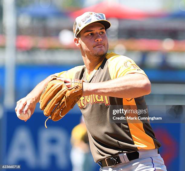 National League All-Star Nolan Arenado of the Colorado Rockies fields during warm-ups prior to the 87th MLB All-Star Game at PETCO Park on July 12,...