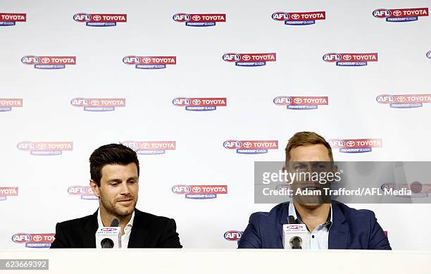 Trent Cotchin of the Tigers and Sam Mitchell of the Eagles addresses the media during a joint press conference after being awarded the 2012 Brownlow...