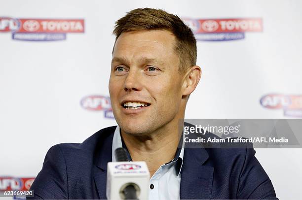 Sam Mitchell of the Eagles addresses the media during a joint press conference after being awarded the 2012 Brownlow Medal at AFL House on November...