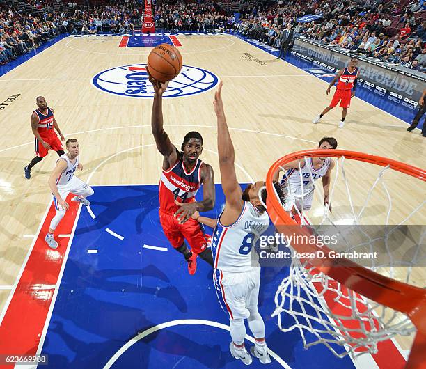 Andrew Nicholson of the a Washington Wizards puts up the shot against the Philadelphia 76ers during a game at the Wells Fargo Center on November 16,...