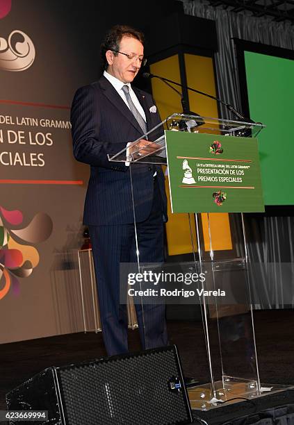 President of the Latin Recording Academy Gabriel Abaroa speaks onstage during the 2016 Latin Recording Academy Special Awards during the 17th annual...