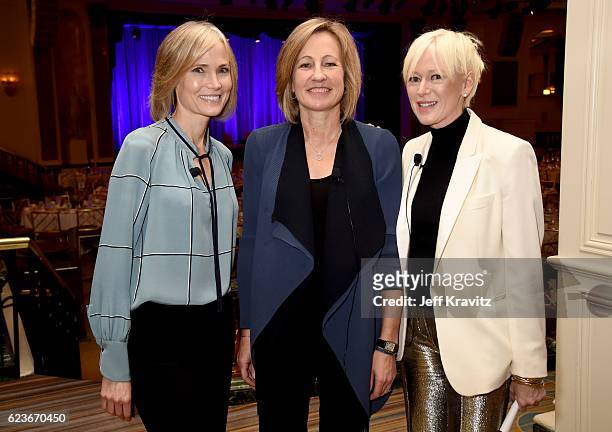 Willow Bay, Dee Dee Myers and Joanna Coles attend the Common Sense Media Luncheon at the Beverly Wilshire Four Seasons Hotel on November 16, 2016 in...