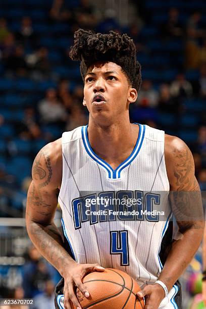 Elfrid Payton of the Orlando Magic shoots a free throw against the New Orleans Pelicans during the game on November 16, 2016 at Amway Center in...