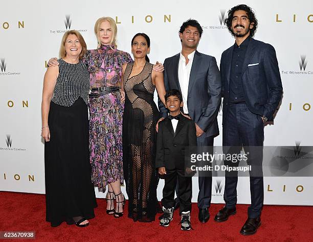Sue Brierley, Nicole Kidman, Priyanka Bose, Sunny Pawar, Saroo Brierley and Dev Patel attend the "Lion" premiere at Museum of Modern Art on November...
