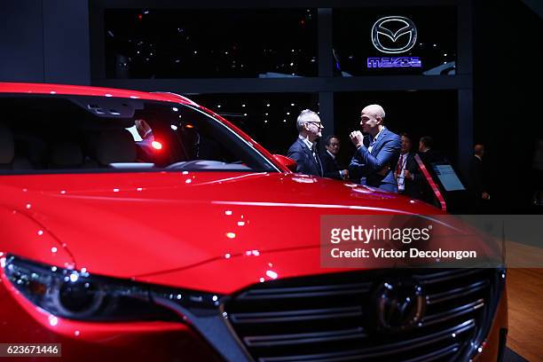 General view of atmosphere of the Mazda showroom floor is seen at the L.A. Auto Show on November 16, 2016 in Los Angeles, California.