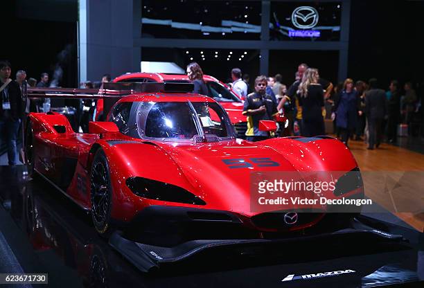 The Mazda RT24-P racing car is unveiled at the Mazda press conference event at the L.A. Auto Show on November 16, 2016 in Los Angeles, California.