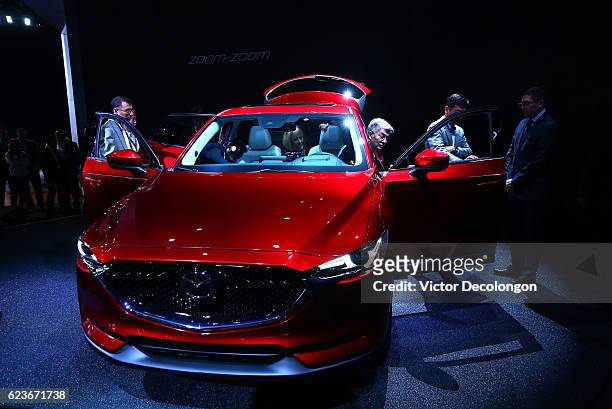 The new Mazda CX-5 is seen onstage at the L.A. Auto Show on November 16, 2016 in Los Angeles, California.
