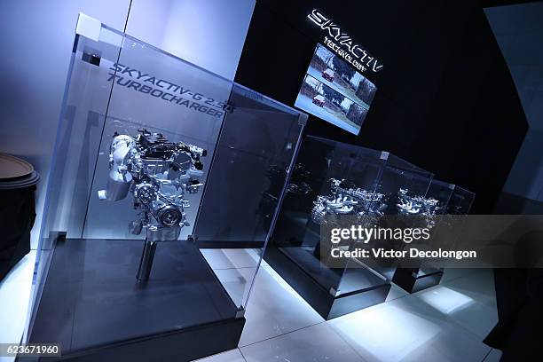 The Mazda SKYACTIV Technology display is seen on the Mazda showroom floor at the L.A. Auto Show on November 16, 2016 in Los Angeles, California.