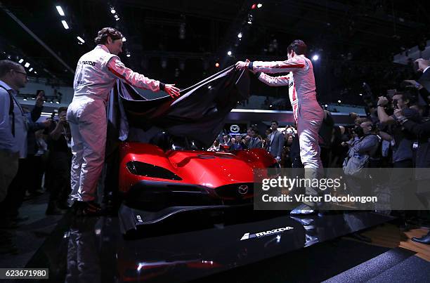 The Mazda RT24-P racing car is unveiled at the Mazda press conference event at the L.A. Auto Show on November 16, 2016 in Los Angeles, California.