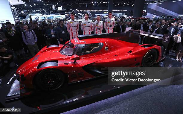 The Mazda RT24-P racing car is unveiled at the Mazda press conference event at the L.A. Auto Show on November 16, 2016 in Los Angeles, California.