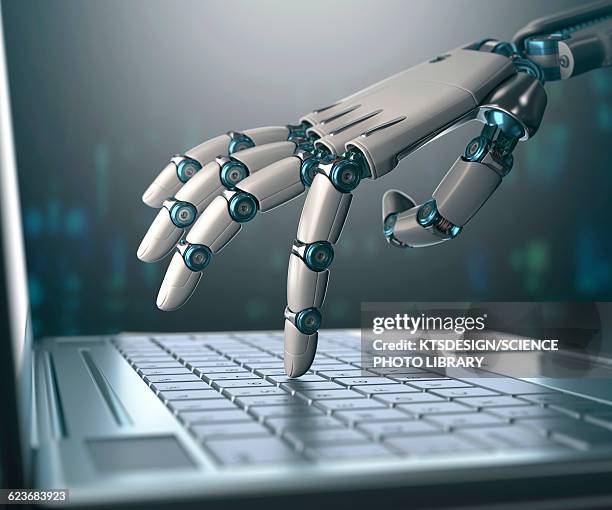 robotic hand using a laptop computer - keypad stock illustrations