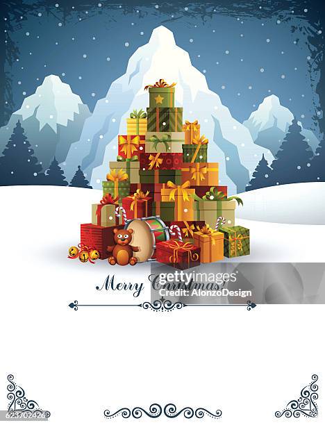 illustrations, cliparts, dessins animés et icônes de arbre de noël des cadeaux - montagne de cadeaux