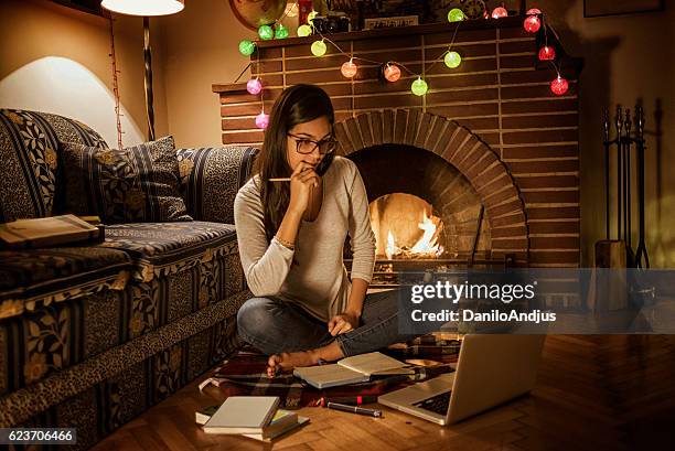 young woman studying at home sitting next to the fireplace - winter testing imagens e fotografias de stock