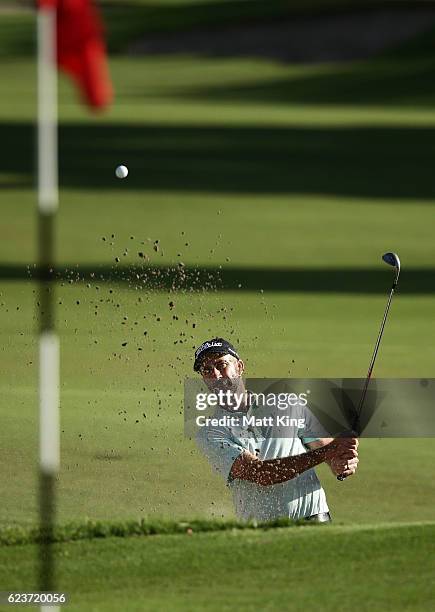 Geoff Ogilvy of Australia plays out of the bunker on the 17th hole during day one of the 2016 Australian Open at Royal Sydney Golf Club on November...