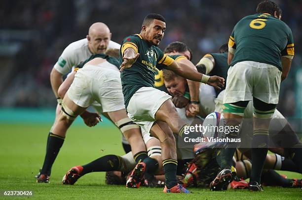 Rudy Paige of South Africa kicks from the base of the scrum during the Old Mutual Wealth Series match between England and South Africa at Twickenham...