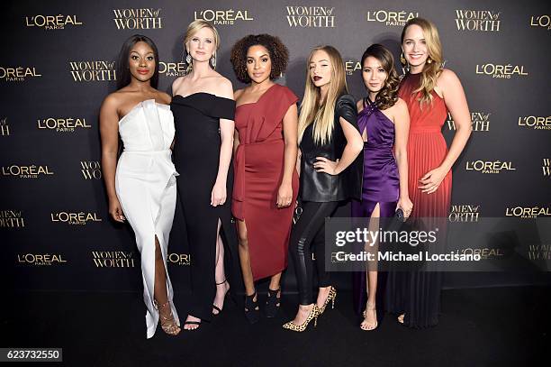 Monica Veloz, Ashley Brooke Chambers, Stephanie Lee, Liza Lash, Wendy Nguyen and Grace Atwood attend the L'Oreal Paris Women of Worth Celebration...