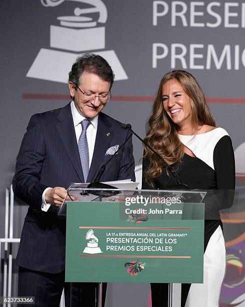 President of the Latin Recording Academy Gabriel Abaroa and Iris Oliveros speak onstage during the 2016 Latin Recording Academy Special Awards during...