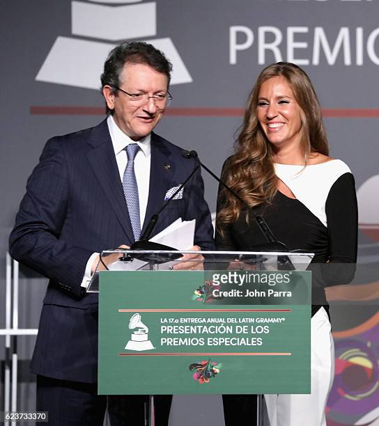 President of the Latin Recording Academy Gabriel Abaroa and Iris Oliveros speak onstage during the 2016 Latin Recording Academy Special Awards during...