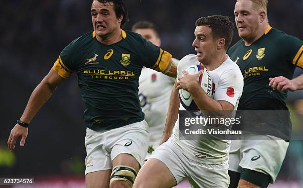 George Ford runs in a try for England during the Old Mutual Wealth Series match between England and South Africa at Twickenham Stadium on November...