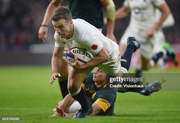 George Ford runs in a try for England during the Old Mutual Wealth Series match between England and South Africa at Twickenham Stadium on November...