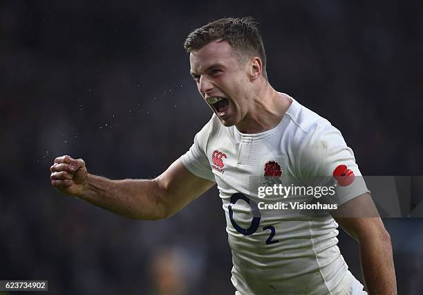 George Ford celebrates scoring a try for England during the Old Mutual Wealth Series match between England and South Africa at Twickenham Stadium on...