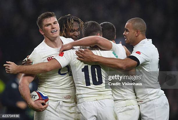 Owen Farrell scores a try for England during the Old Mutual Wealth Series match between England and South Africa at Twickenham Stadium on November...