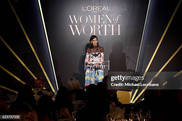 Oreal ambassador Liya Kebede speaks onstage at the L'Oreal Paris Women of Worth Celebration 2016 on November 16, 2016 in New York City.