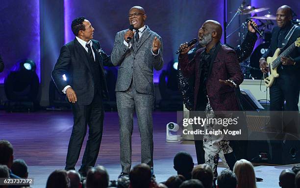 Samuel L. Jackson sings with Smokey Robinson and Bebe Winans during the 2016 Gershwin Prize For Popular Song Concert honoring Smokey Robinson at DAR...