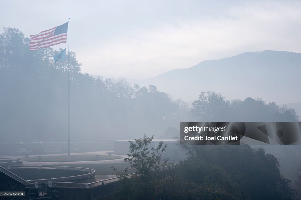 Forest fire smoke at Fontana Dam in western North Carolina
