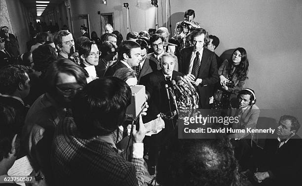 Congressman Peter Rodino , chair of the House Judicial Committee that oversaw the Richard Nixon impeachment hearings, surrounding by journalists,...