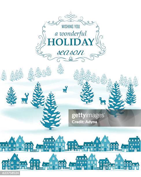 winter scene - christmas village silhouette stock illustrations