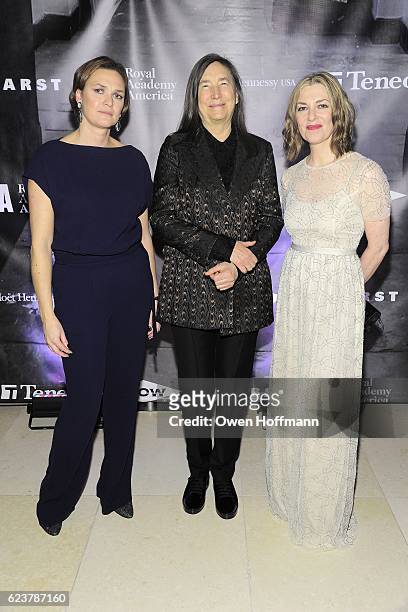 Victory Major Gore, Jenny Holzer and Edith Devaney attend Royal Academy America Gala Honoring Norman Foster and Jenny Holzer at Hearst Tower on...