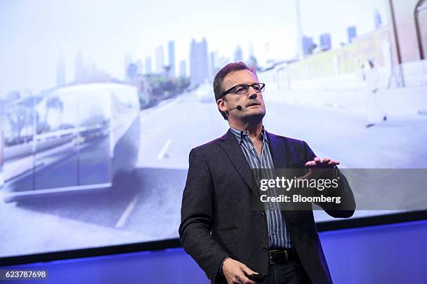 Robert "Rob" Lloyd, chief executive officer of Hyperloop Transport Technologies Inc., gestures as he speaks during Automobility LA ahead of the Los...
