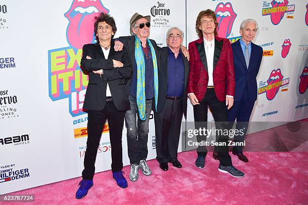 Ronnie Wood, Keith Richards, Martin Scorsese, Mick Jagger and Charlie Watts at The Rolling Stones - Exhibitionism Opening Night at Industria...