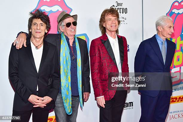 Ronnie Wood, Keith Richards, Mick Jagger and Charlie Watts attend The Rolling Stones - Exhibitionism Opening Night at Industria Superstudio on...