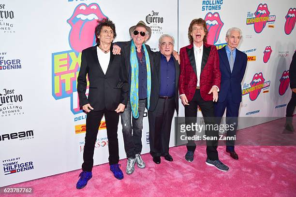 Ronnie Wood, Keith Richards, Martin Scorsese, Mick Jagger and Charlie Watts at The Rolling Stones - Exhibitionism Opening Night at Industria...