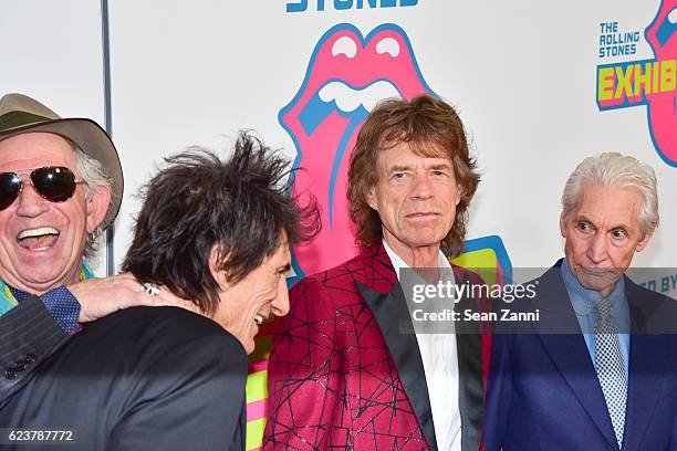 Ronnie Wood, Keith Richards, Mick Jagger and Charlie Watts attend The Rolling Stones - Exhibitionism Opening Night at Industria Superstudio on...