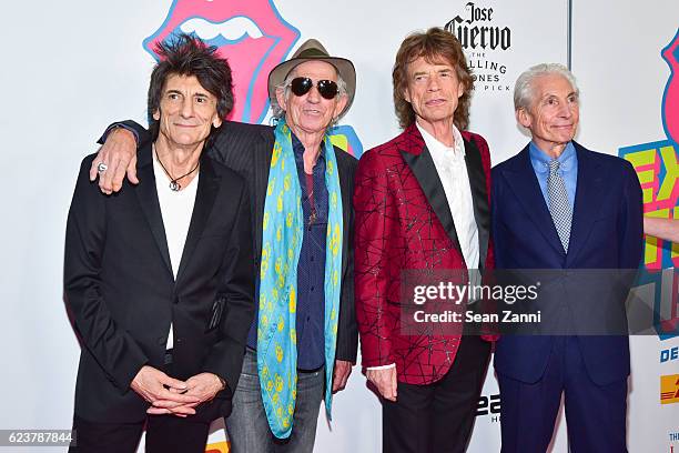 Ronnie Wood, Keith Richards, Mick Jagger and Charlie Watts attend The Rolling Stones - Exhibitionism Opening Night at Industria Superstudio on...