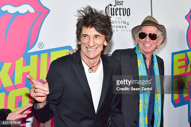 Ronnie Wood and Keith Richards attend The Rolling Stones - Exhibitionism Opening Night at Industria Superstudio on November 15, 2016 in New York City.