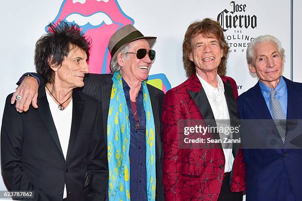 Ronnie Wood, Keith Richards, Mick Jagger and Charlie Watts attend The Rolling Stones - Exhibitionism Opening Night at Industria Superstudio on...