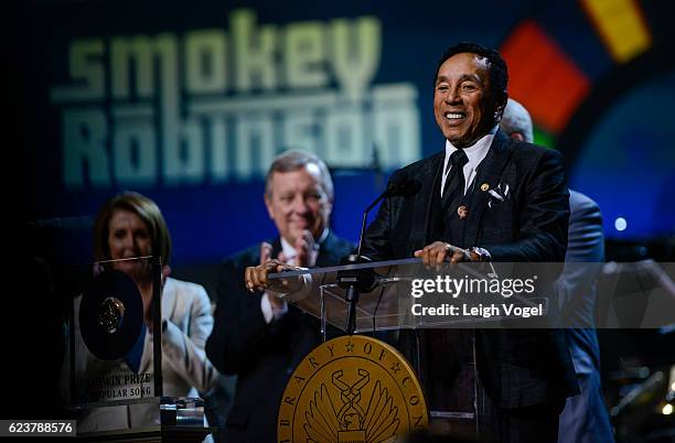 Smokey Robinson is presented with the 2016 Gershwin Prize For Popular Song Concert honoring Smokey Robinson at DAR Constitution Hall on November 16,...