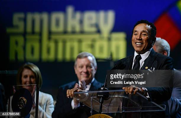 Smokey Robinson is presented with the 2016 Gershwin Prize For Popular Song Concert honoring Smokey Robinson at DAR Constitution Hall on November 16,...