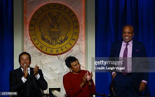 Seated next to Smokey Robinson and Librarian of Congress Carla Hayden, Berry Gordy is introduced during the 2016 Gershwin Prize For Popular Song...