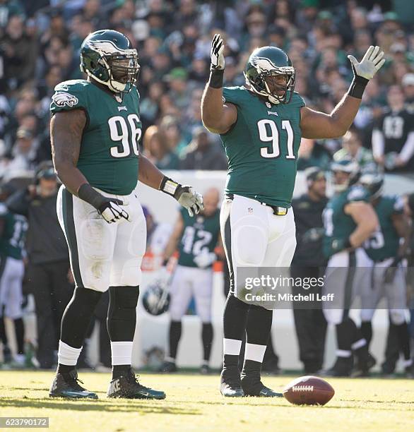 Bennie Logan and Fletcher Cox of the Philadelphia Eagles play against the Atlanta Falcons at Lincoln Financial Field on November 13, 2016 in...