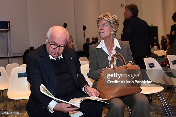 President of Italian Football Federation Carlo Tavecchio and FIFA Council member Evelina Christillin attend the unveiling of the 'Bilancio Integrato...