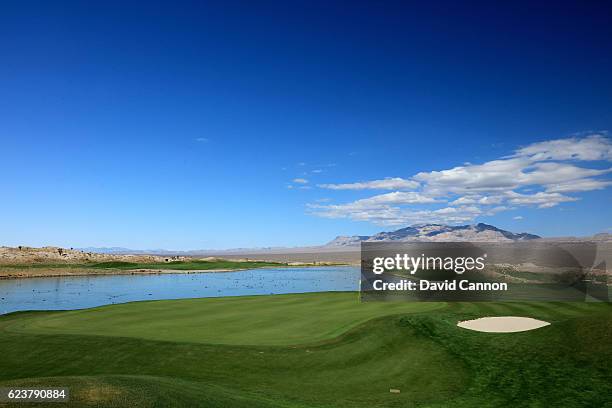 View from behind the green on the 209 yards par 3, 12th hole on the Wolf Course at the Paiute Golf Resort on November 4, 2016 in Las Vegas, Nevada.